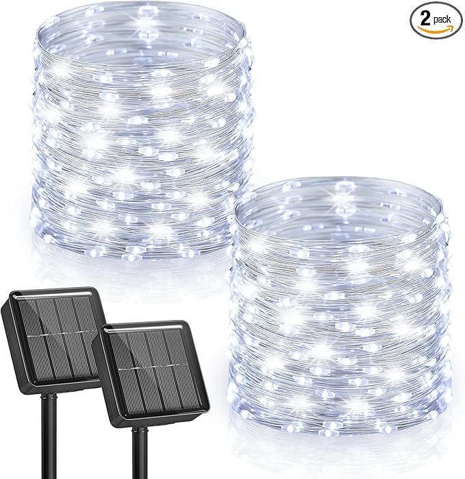 Minetom 2 Pack Solar String Lights, Total 66Ft 200 LED Solar Fairy Lights Outdoor Waterproof, 8 Modes Firefly Starry Moon Twinkle Lights for Yard Garden Patio Tree DIY Crafts Wedding Party(Cool White)