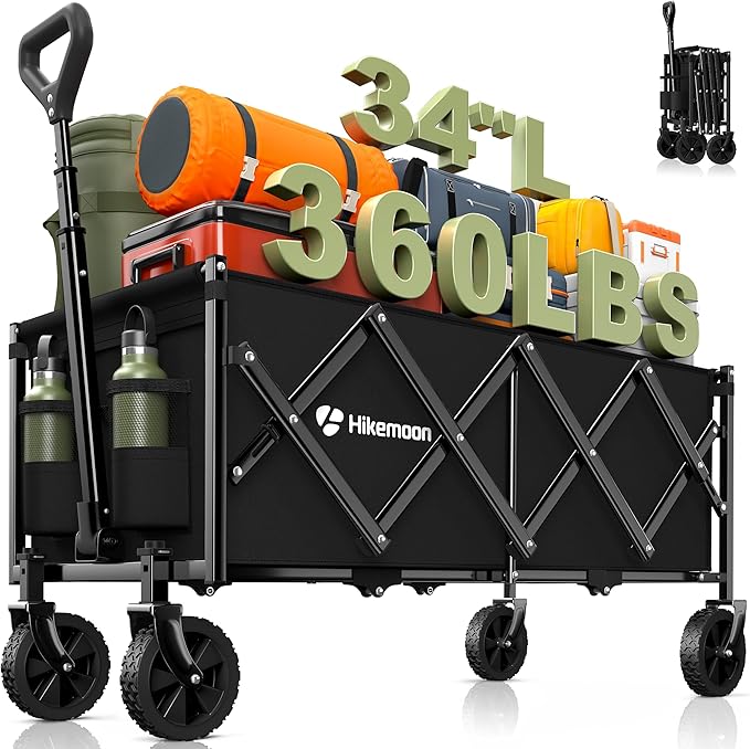 Hikemoon 34'' Extra Long Collapsible Wagons Carts Foldable, 360LBS Heavy Duty Folding Beach Wagon Cart with Wheels, Portable Utility Outdoor Wagon for Grocery, Shopping, Garden, Sports, Camping, Black