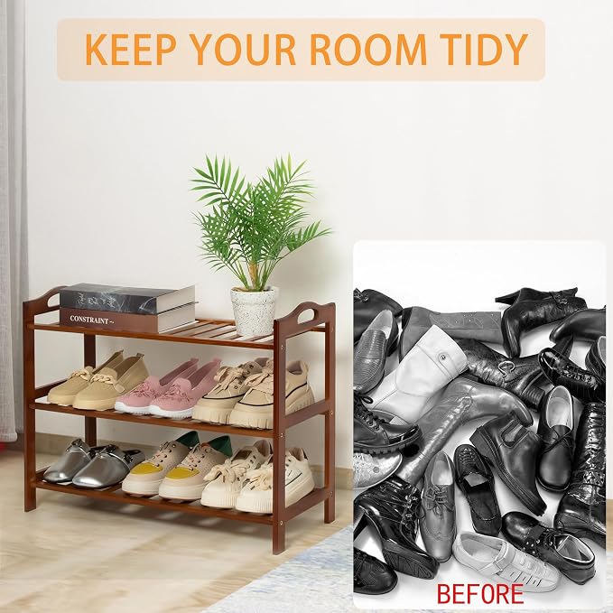 3 Tier Bamboo Shoe Rack, Shoe Shelf Shoes Rack Shoe Organizer for Closet, Entryway, Bedroom, Living Room, Front Door, Studio, Bathroom