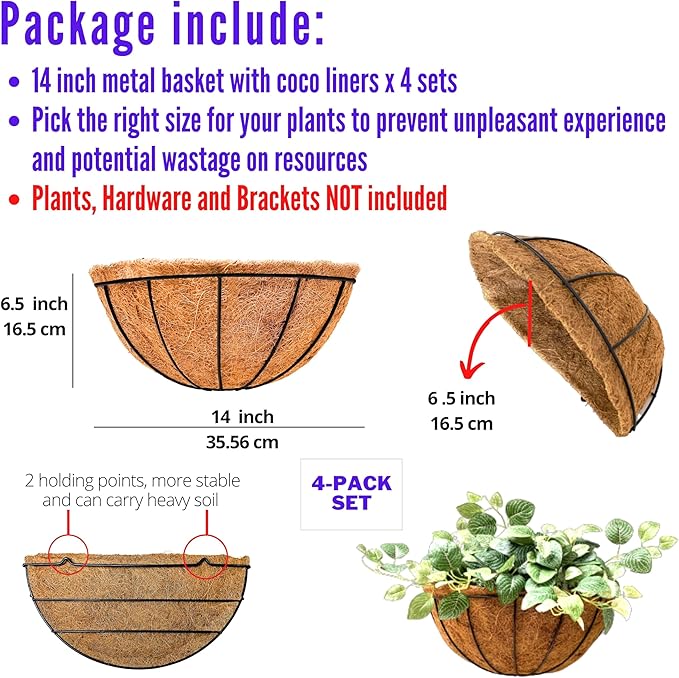 LaLaGreen Wall Planter Outdoor, 4 Pack, 14 Inch Large Wall Hanging Flower Basket with Coco Liner, Vertical Living Wall Mounted Wire Pot Outside Fence Railing Plant Pots Holder Deck Porch Balcony Patio