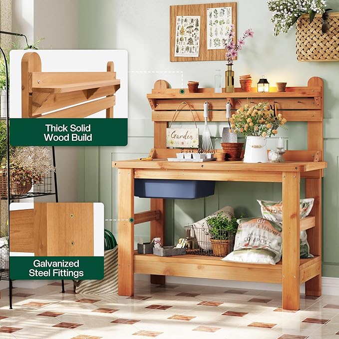 Jocisland Solid Fir Wood Outdoor Potting Bench Table with Large Tabletop, Heavy-Duty Garden Workstation with Removable Plastic Bin, Multi-Level Storage Shelf, Easy Assembly for Patio, Yard & Gardening