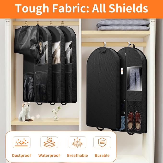 Garment Bag Travel Suit Storage: 54 Inch 3 Packs Fabric Breathable Zippered - Clothes Covers Carry Shoe Pockets Lightweight - Men Travel Wardrobe Protector Hanging Up Multiple