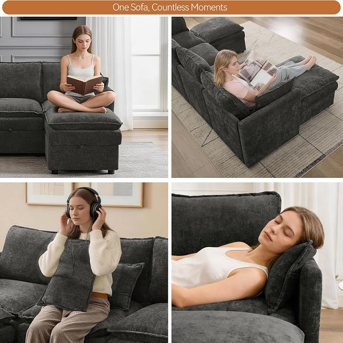 80" Storage Modular Sectional Couch, Cloud 3-Seat Sofa with Chenille, Comfy Modern Couch with Hidden Storage for Living Room, Apartment, Spacious, Dark Grey