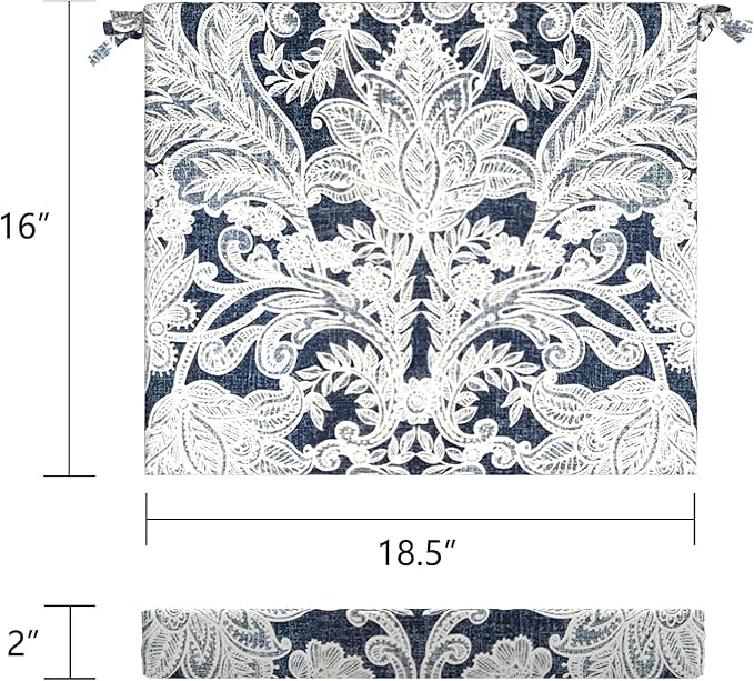 LVTXIII Outdoor Chair Cushions 18.5"x16"x2" Pack of 2, Water-Repellent Square Corner Memory Foam Seat Cushions with Ties for Garden Patio Furniture, Damask Lapis