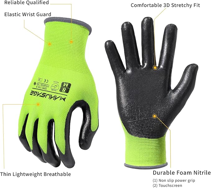 MANUSAGE Nitrile Work Gloves, 3D Comfort Stretch Fit, Powerful Grip, Touchscreen, Durable Foam Coated, Flexible, Lightweight, Machine Washable, Size-L Yellow 24 Pairs