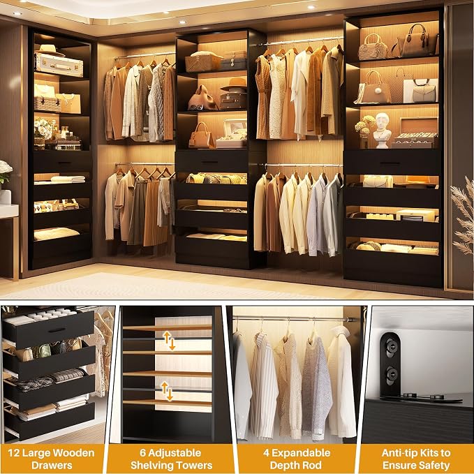 Aheaplus Closet System with 12 Drawers, 8.5-11.5Ft Wood Closet Organizer