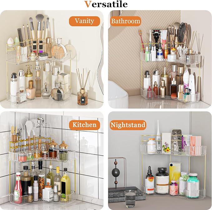 Webetop Corner Makeup Organizer 2 Tier Bathroom Storage with Brush Holder