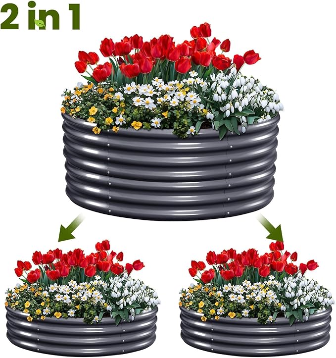 KING BIRD Raised Garden Bed Galvanized Round Planter Box Outdoor for Gardening, Plants, Vegetables, Flowers, Dark Grey, 47x47x12 in 3 Packs