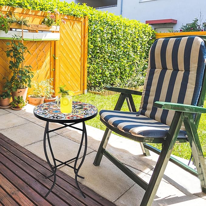 VCUTEKA Mosaic Outdoor Side Table - Small Patio Table Coffee Outside Accent Tables Round End Plant Tables for Bistro Balcony Porch Outdoor Benches 14'' Muti Yellow
