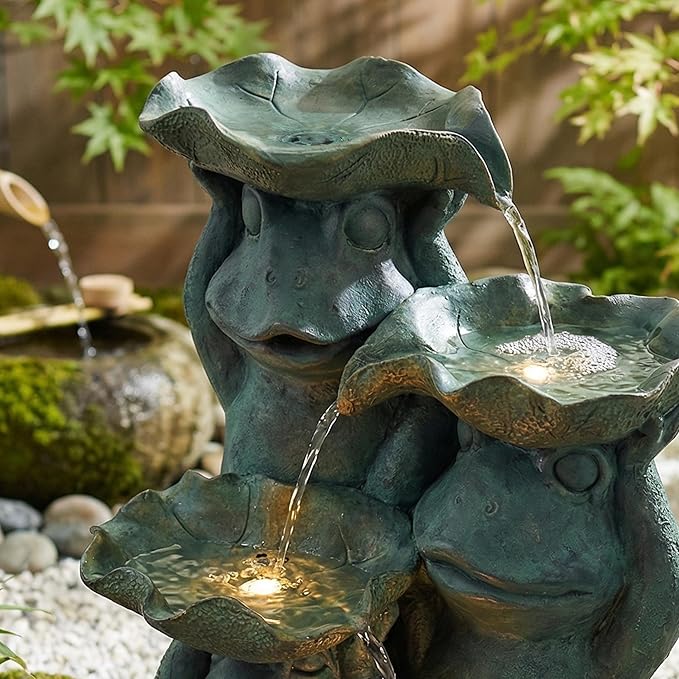 26-Inch Outdoor Water Fountain, 3-Tier Funny Stacked Frogs Statue Resin Waterfall Fountain with 2 LED Lights, Cascading Water Feature for Garden, Patio, Yard, Deck, Lawn, Porch in Green