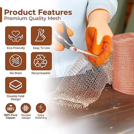 Copper Mesh Rodent Control, 5in x 52ft- Rustproof Copper Mesh Roll for Rodent, Bat & Snail - Perfect for Hole Blocking, Gardening & Sealing Water Opening - Plus Bonus Scissor & Gloves