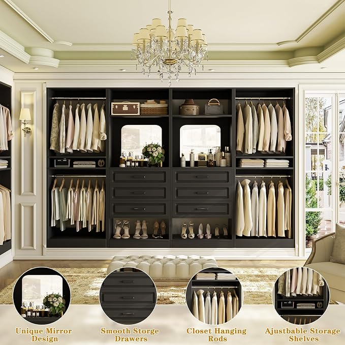 Unikito Closet System, 100" Closet Organizer with Drawers & Mirror, Black
