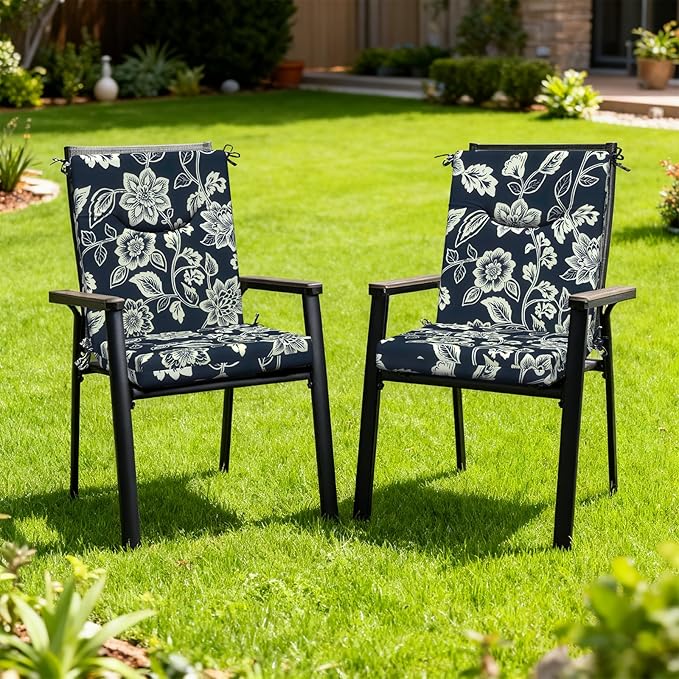 DYTXIII Outdoor High Back Chair Cushions Set of 2, 44x20 in Water Repellent Patio Seat Cushions with Elastic Sponge, All Weather Cushions for Rocking, Dining Chairs, Patio Furniture - Vines Navy