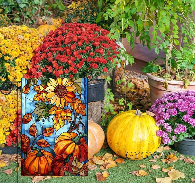 Fall Garden Flag 12x18 Inch Double Sided, Stained Glass Small Burlap Autumn Pumpkins Sunflowers Seasonal Yard Decoration for Outside