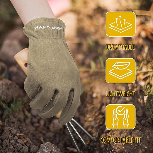 HANDLANDY 2 Pairs Kids Genuine Leather Gardening Gloves for age 2-9, Children Work Gloves for Boys, Girls, Toddlers (Khaki, S)