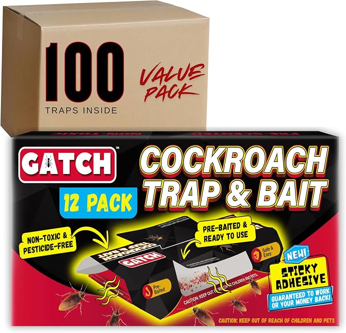 GATCH Roach Traps Indoor (100 Pack), Sticky Baited Cockroach Traps, Roach Killer Indoor Infestation, Adhesvie Glue Traps for Roaches, Insects, Home Bug Ant Spider Cricket, Child & Pet Friendly