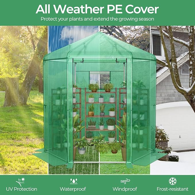 HAPPYGRILL 7 x 6 x 7.5 FT Walk-in Greenhouse, Large Outdoor Heavy Duty Greenhouse with PE Cover, Mesh Window & Roll-Up Door, Portable Greenhouses for Plant Gardening