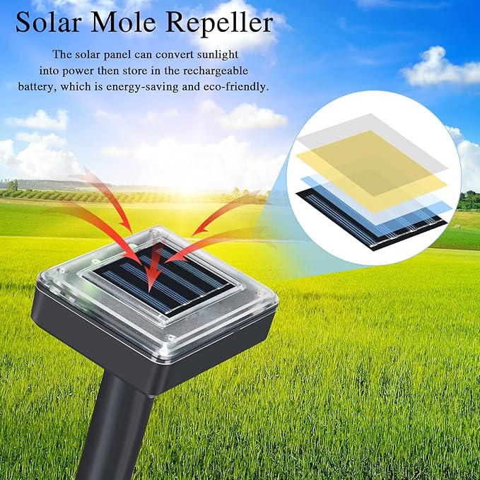 Solar Mole Repellent Ultrasonic Powered Outdoor Sound Wave Deterrent for Lawn Garden Snakes Moles Gophers Groundhogs Voles and Other Burrowing Mice(6 Pieces,Large)