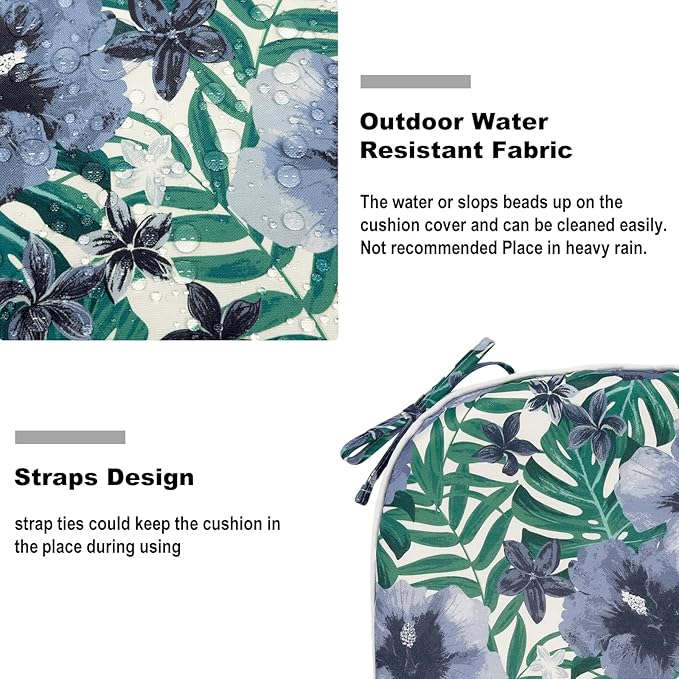 DYTXIII Set of 2 Outdoor Chair Cushions with Ties,Water Repellent Patio Chair Pads 17"x 16" for Outdoor Furniture,Round Corner Seat Cushions for Garden Yard Kitchen Blue Salmone Tropical