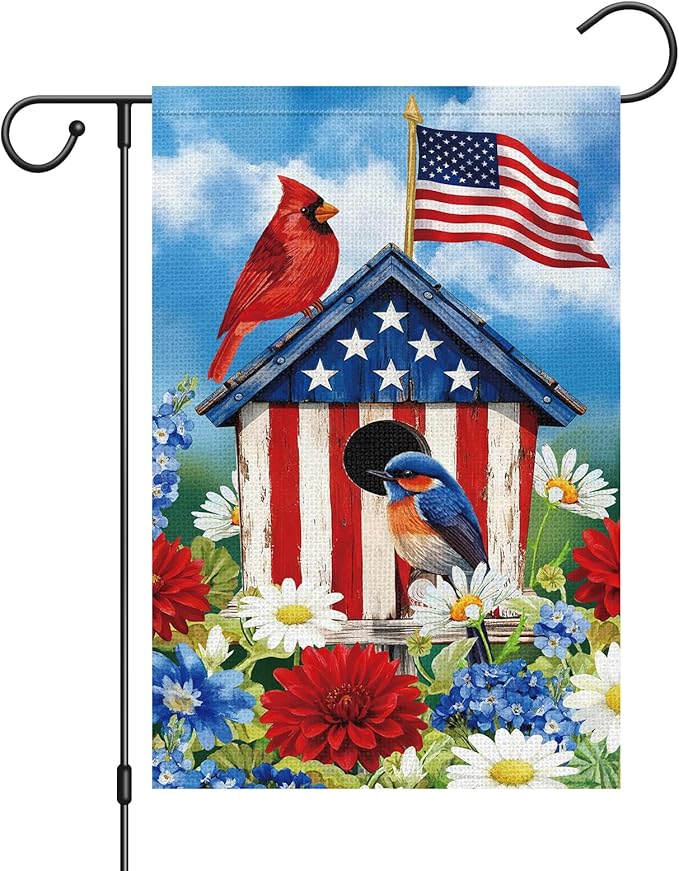 Patriotic 4th of July Garden Flag 12×18 Inch Double Sided Outside, Cardinal Birdhouse Flower Memorial Day Independence Day Burlap Yard Flag Holiday Outdoor Decor