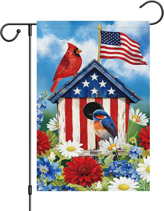 Patriotic 4th of July Garden Flag 12×18 Inch Double Sided Outside, Cardinal Birdhouse Flower Memorial Day Independence Day Burlap Yard Flag Holiday Outdoor Decor