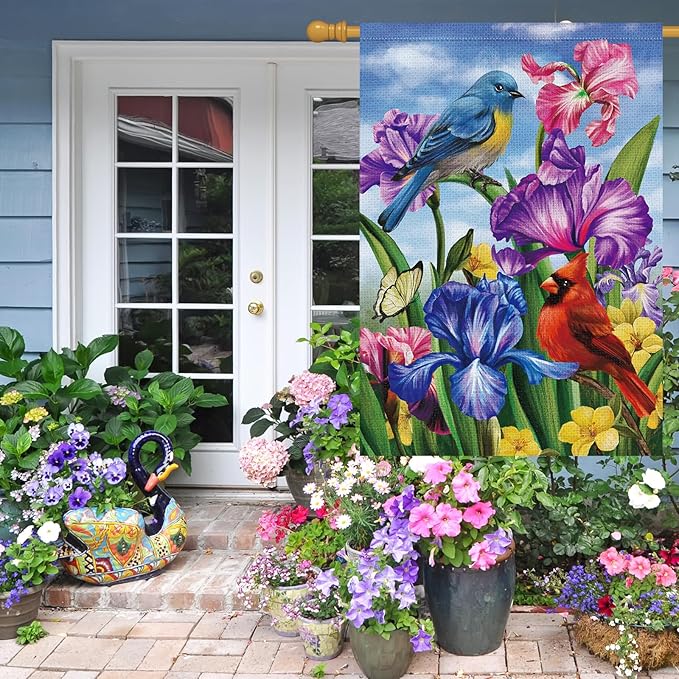 Louise Maelys Welcome Spring House Flag 28x40 Double Sided Vertical, Burlap Large Cardinal Birds Irises Floral Yard House Outside Outdoor House Summer Seasonal Decoration
