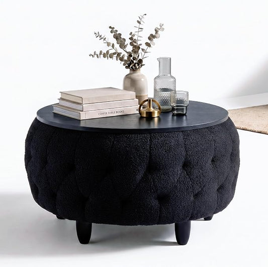 Large Round Storage Ottoman Coffee Table with Wooden Tabletop, 32 Inches Teddy Fleece Tufted Ottoman for Living Room, Bedroom, Apartments (Black)