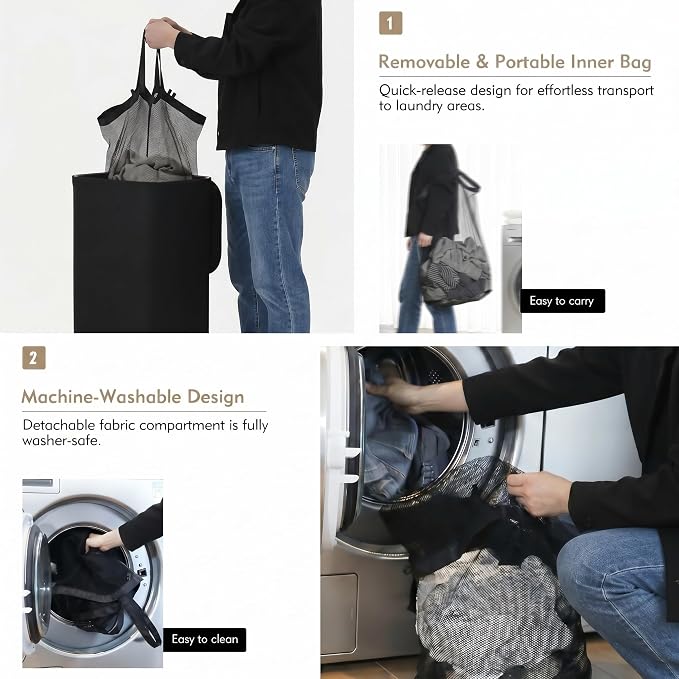 DOKEHOM 100L Laundry basket Hamper with Lid & Removable Mesh Bag, Black | Collapsible large clothes hamper, foldable laundry sorter bin with mesh inserts. Adjustment screws to keep fabric taut