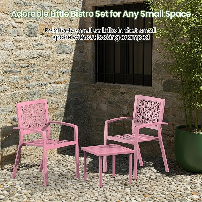 BUPPLEE 3 Piece Patio Bistro Set, Outdoor Steel Furniture Set, Stackable Modern Conversation Sets for Balcony Garden Deck Patio w/2 Chairs 1 Table, Pink