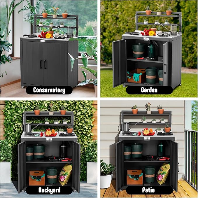 Feasto Garden Potting Bench with Storage Cabinet,Outdoor Gardening Table & Work Bench for Plants, Horticulture,Outdoor Workstation with Stainless Steel Tabletop,Outdoor Work Table with Elevated Rack