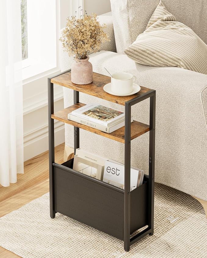 Leomonio Narrow Side Table, Slim End Tables with Fabric Basket, Skinny Table for Small Spaces, Thin Bedside Table for Living Room, Bedroom