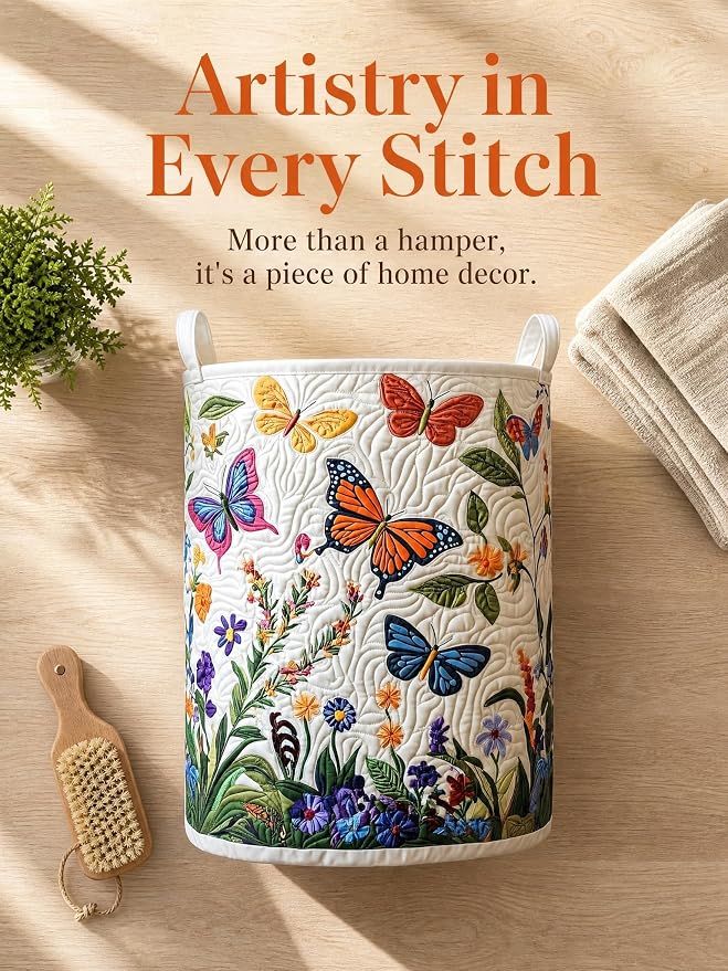 Quilted Laundry Basket with Handles, Boho Floral Quilted Storage Hamper, Large Capacity Laundry Hamper for Nursery Bedroom Laundry Room Home Decor (Pattern 06, Large (28"H x 20"W x 20"L))