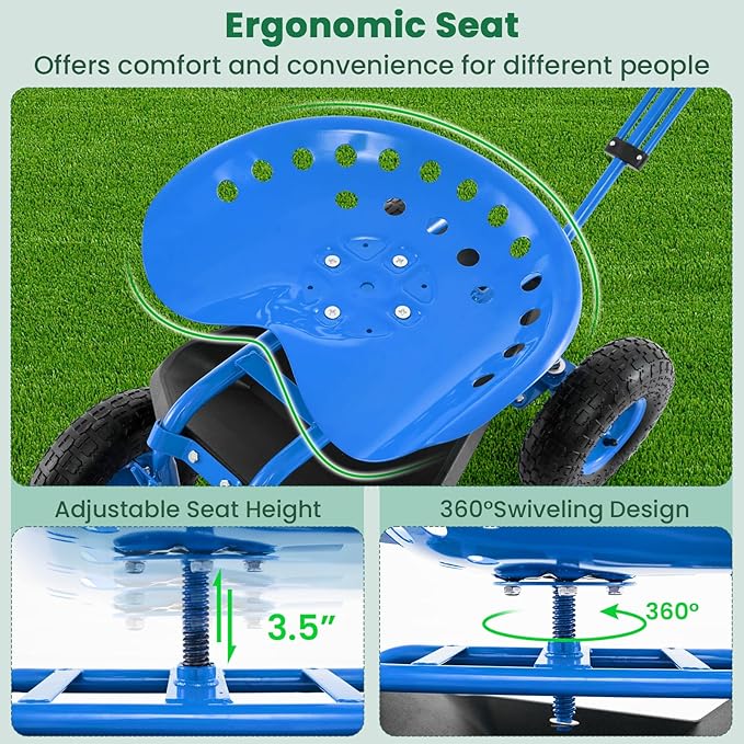 Giantex Rolling Garden Workseat with Wheels, 360 Degree Swivel Gardening Stool Cart with Storage Basket, Adjustable Height, Steering Handle, Steel Frame, Outdoor Work Seat for Planting Triming (Blue)