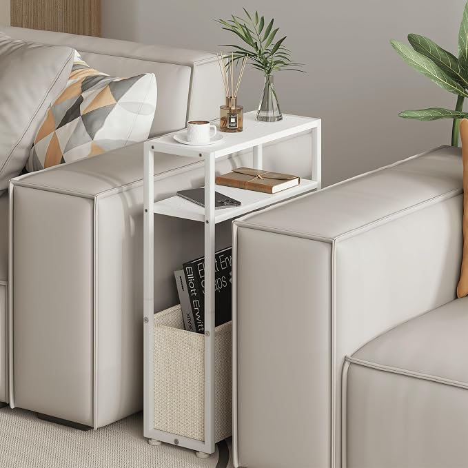 Leomonio Narrow Side Table, Slim End Tables with Fabric Basket, Skinny Table for Small Spaces, Thin Bedside Table for Living Room, Bedroom (1, White + Camel Brown)