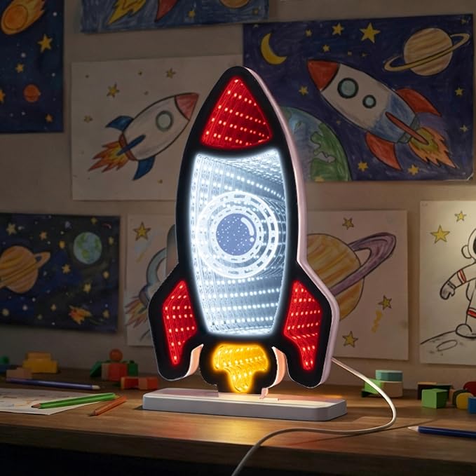 3D Rocket Infinity Mirror Light, LED Infinity Mirror Night Light with Galaxy Space Tunnel Effect, USB Powered 3D LED Lights for Kids Bedroom & Gaming Setup,Gift for Boys Girls, 5.9"×10.9"