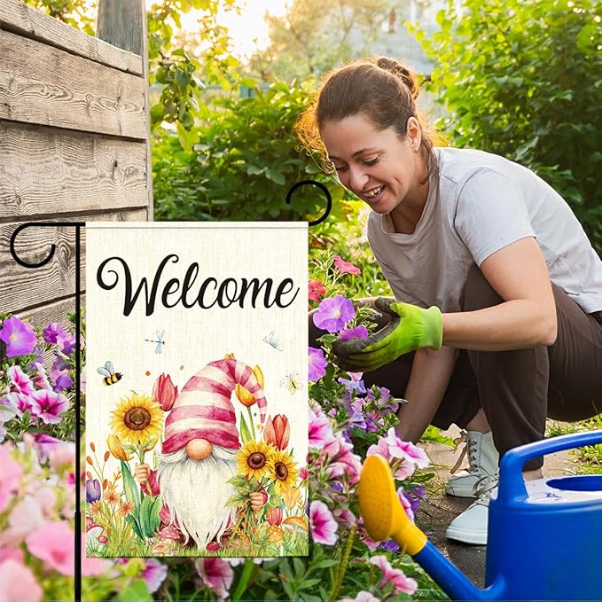 Welcome Flags for Outside,Spring Floral Gnome Garden Flag for Yard Patio Lawn Decoration,12x18 Inch Double Sided
