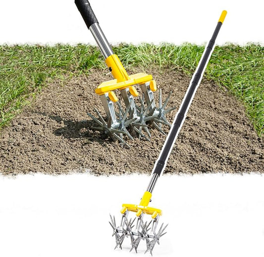 Rotary Cultivator Garden Tool with Extra-Large Tines, 74-Inch Long Handle Manual Tiller Cultivator, Heavy-Duty Rotary Hand Tiller for Soil Mixing, Reseeding Grass, Gardening, Lawn Care