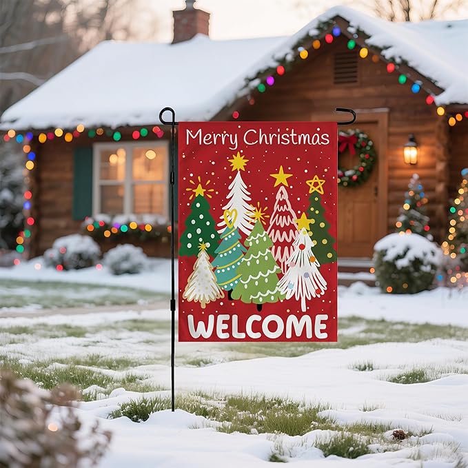 Christmas Decorations Outdoor - Xmas Tree Welcome Garden Flag | Christmas Party Decor Favors Supplies for Indoor Outside -Red Navidad Double-Side Backdrop Banner for Garden Porch Patio Lawn Yard,12x18