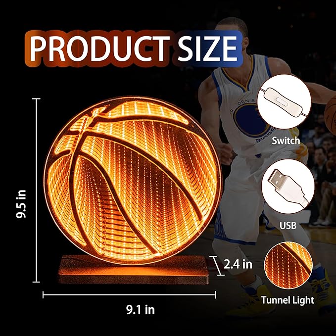 3D Basketball Infinity Mirror Light, LED Infinity Mirror Night Light with Glowing Sports Effect, USB Powered 3D LED Lights for Man Cave & Game Room, Unique Basketball Gift for Boys Men, 9.1"