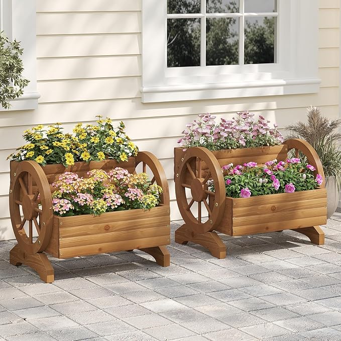 Wooden Wagon Planter Box, Standing Garden Planter, Decorative Outdoor Container,Coffee
