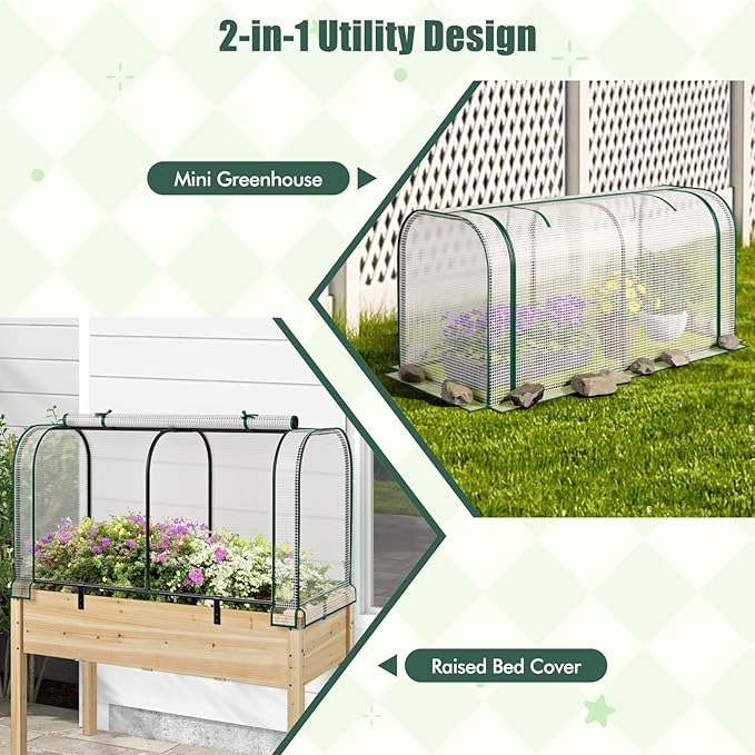 Happygrill Raised Garden Bed with Greenhouse Cover, Raised Bed with Legs & Drainage Holes for Herbs, Vegetables, Outdoor Wood Elevated Planter Box for Patio, Backyard, Balcony (White+Natural)