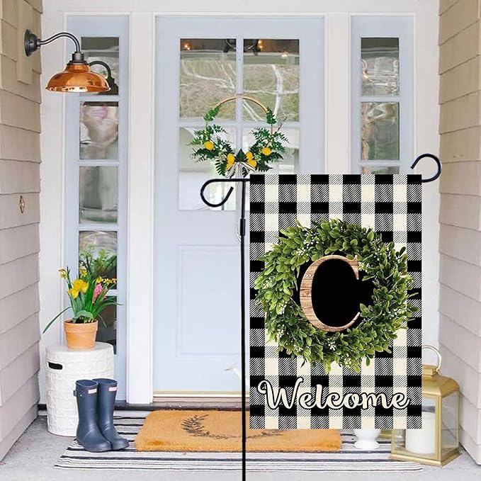 Baccessor Monogram Letter C Garden Flag 12.5 x 18 Inch, Buffalo Plaid Family Last Name Initial Boxwood Wreath Welcome Vertical Double Sided Small Flags for Outdoor Outside Decoration