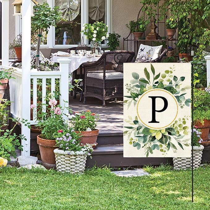 AVOIN colorlife Monogram Letter P Floral Garden Flag 12x18 Inch Double Sided Outside, Family Last Name Initial Yard Outdoor Decoration