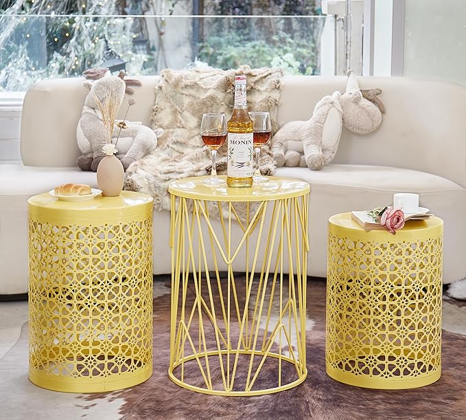 Y&M Set of 3 Stacking Coffee Table for Living Room, Nesting Side Table,Indoor End Tables for Bedroom, Outdoor Decorative Garden Stool with Heavy Duty Metal Frame Modern Industrial Decor - Yellow