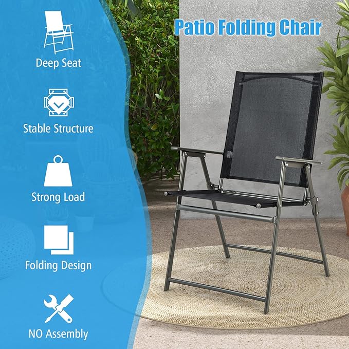 Tangkula Set of 4 Patio Folding Chairs, High Back Dining Chairs with Weather-Resistant Fabric, No Assembly, Outdoor Portable Metal Lawn Chairs with Armrests & Footrest for Garden