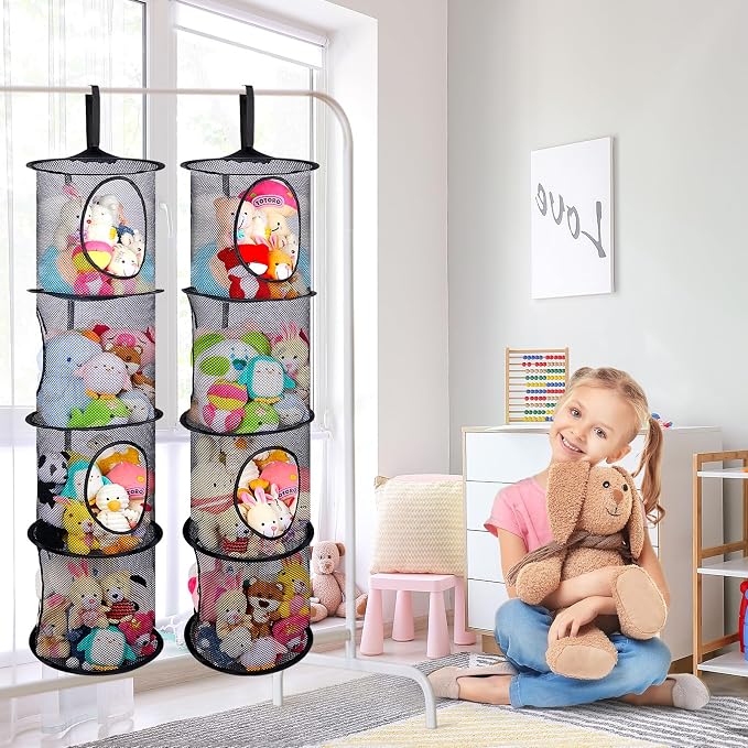 Basumee Hanging Stuffed Animals Storage, 2 Pack Mesh Plush Storage, 4-Tier