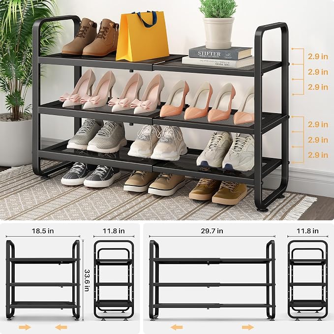 Expandable Metal Shoe Rack for Closet, Entryway & Garage, 3-Tier, Black