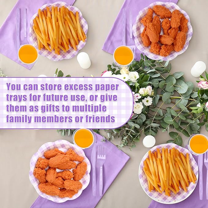 Funnymoom 400 Pcs Gingham Party Supplies for 50 Guests Purple and White Paper Plates and Napkins Knives Spoons Forks Cups Disposable Checkered Dinner Party Set Cutlery for Baby Shower Wedding Favor
