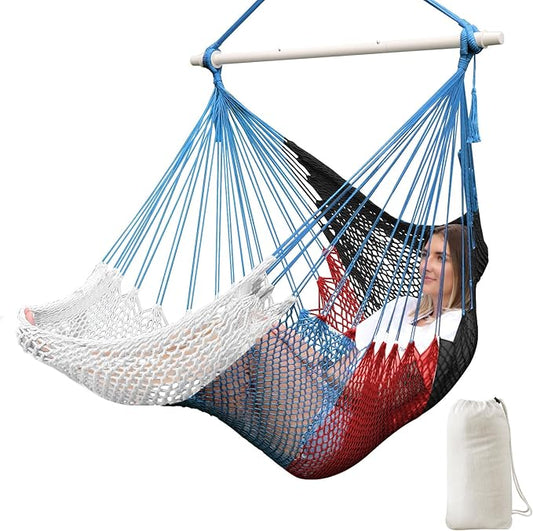 Chihee Handwoven Cotton Hammock Chair Large Hanging Rope Chair 7.9ft with Detachable Strong Metal Spreader Bar, Breathable Net Swing Seat Color Blocking, Portable with Carry Bag, Indoor Outdoor Use