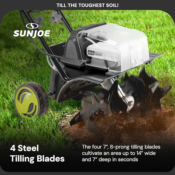 Sun Joe 24V Cordless Garden Tiller Cultivator Kit with Battery and Charger for Weeding, Soil Aeration and Prepping Plant Beds, Black, 24V-X2-TLR14